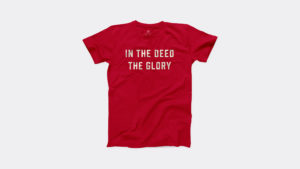In the Deed the Glory t-shirt in red with cream type